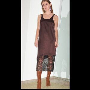 Ganni Satin Slip Dress With Lace Insert In Brown - Size 42